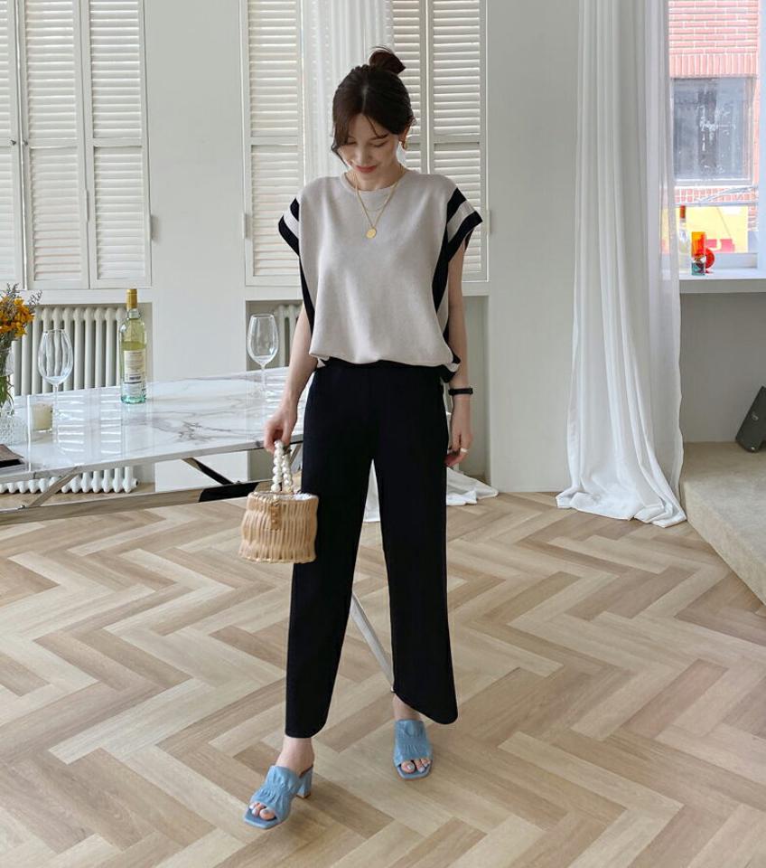 配色ニット&パンツSET・全2色・b68156 レディース 【pt】【セットアップ setup トップス フレンチスリーブ ショートスリーブ パンツ ズボン ロングパンツ 配色 カジュアル 大人 春 夏 韓国 ファッション】【ハイホリHIHOLLI】