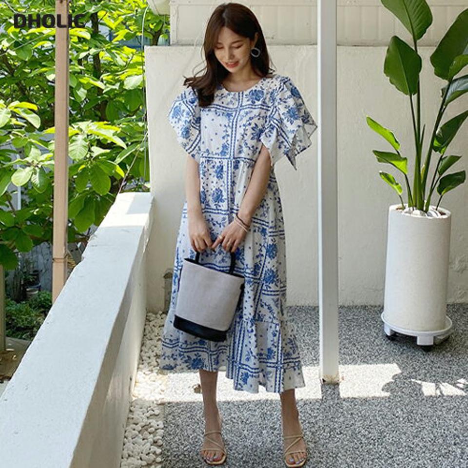 ストラップ付フリルパターンワンピース・全2色・b68152 レディース 【ops】【ワンピース ロング ロングワンピース フリル ストラップ リネン 爽やか 花柄 かわいい ショートスリーブ フレンチスリーブ 春 夏 韓国 ファッション】【ハイホリHIHOLLI】