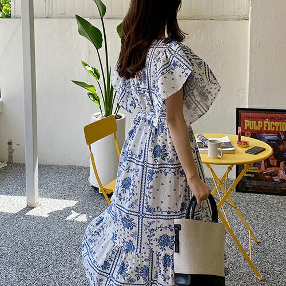 ストラップ付フリルパターンワンピース・全2色・b68152 レディース 【ops】【ワンピース ロング ロングワンピース フリル ストラップ リネン 爽やか 花柄 かわいい ショートスリーブ フレンチスリーブ 春 夏 韓国 ファッション】【ハイホリHIHOLLI】