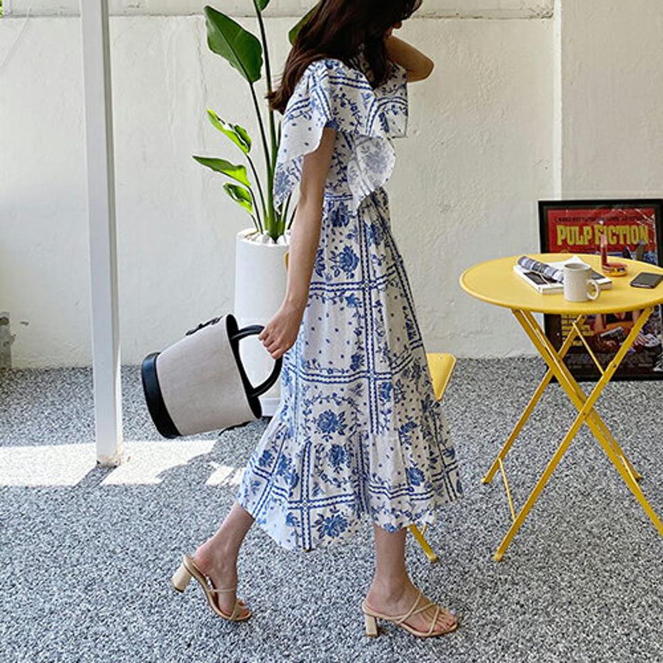 ストラップ付フリルパターンワンピース・全2色・b68152 レディース 【ops】【ワンピース ロング ロングワンピース フリル ストラップ リネン 爽やか 花柄 かわいい ショートスリーブ フレンチスリーブ 春 夏 韓国 ファッション】【ハイホリHIHOLLI】