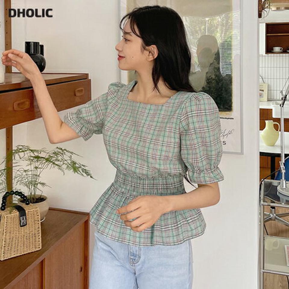 スクエアチェックブラウス・全4色・t64041 レディース 【bl】【韓国 ファッション トップス ブラウス 半袖 ラブリー チェック パターン スクエアネック デコルテ シャーリング スリム ガーリー 体型カバー 細身 春 夏】【NIJU】