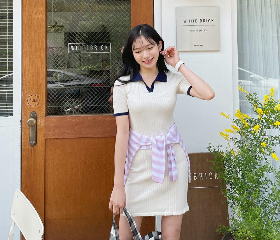 カラー配色ワンピース・全4色・t64061 レディース 【ops】【韓国 ファッション ワンピース ミニ ミニワンピース 半袖 ショート ガーリー ニット リブ スリム フィット フェミニン 細身 体型カバー 春 夏】【NIJU】