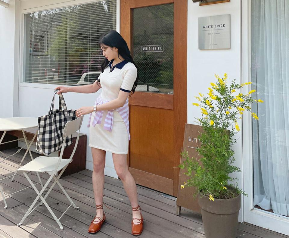 カラー配色ワンピース・全4色・t64061 レディース 【ops】【韓国 ファッション ワンピース ミニ ミニワンピース 半袖 ショート ガーリー ニット リブ スリム フィット フェミニン 細身 体型カバー 春 夏】【NIJU】