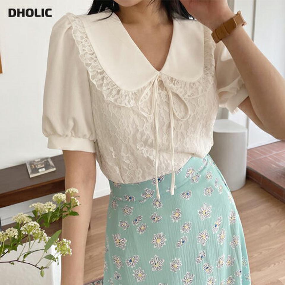 カラーレースブラウス・全3色・t64066 レディース 【bl】【韓国 ファッション トップス ブラウス 半袖 襟 レース フェミニン リボン ルーズ ゆったり ガーリー 体型カバー 細身 春 夏】【NIJU】