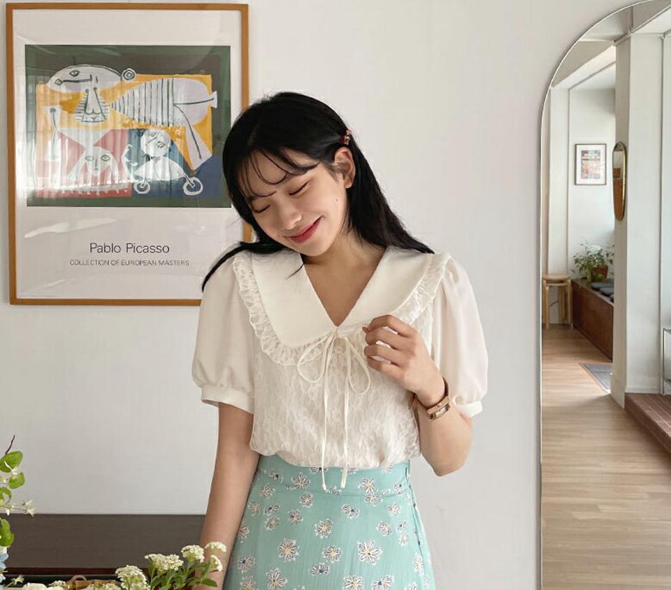 カラーレースブラウス・全3色・t64066 レディース 【bl】【韓国 ファッション トップス ブラウス 半袖 襟 レース フェミニン リボン ルーズ ゆったり ガーリー 体型カバー 細身 春 夏】【NIJU】