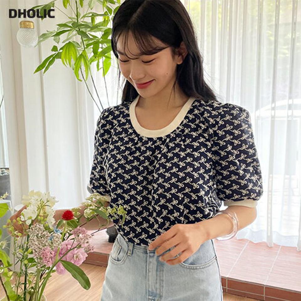 パンチング刺繍ブラウス・全4色・t64042 レディース 【bl】 韓国 ファッション トップス ブラウス 半袖 ラウンドネック パンチング 刺繍 ルーズ ゆったり ガーリー 体型カバー 細身 春 夏 NIJU