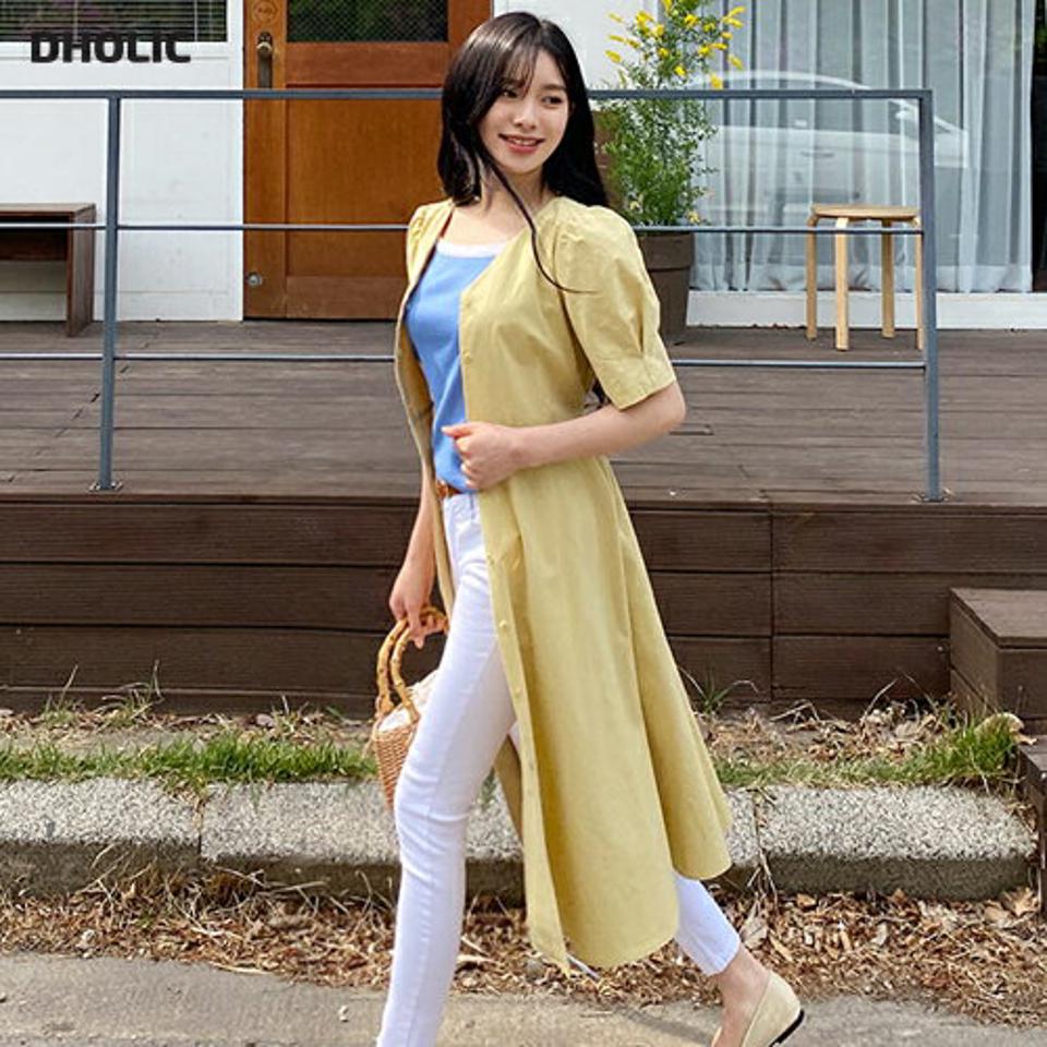 Vネックボタンワンピース・全4色・t64059 レディース 【ops】【韓国 ファッション ワンピース ロング ロングワンピース 半袖 ガーリー Vネック バックゴム リボン ルーズ ギャザー ボリューム フェミニン 細身 体型カバー 春 夏】【NIJU】