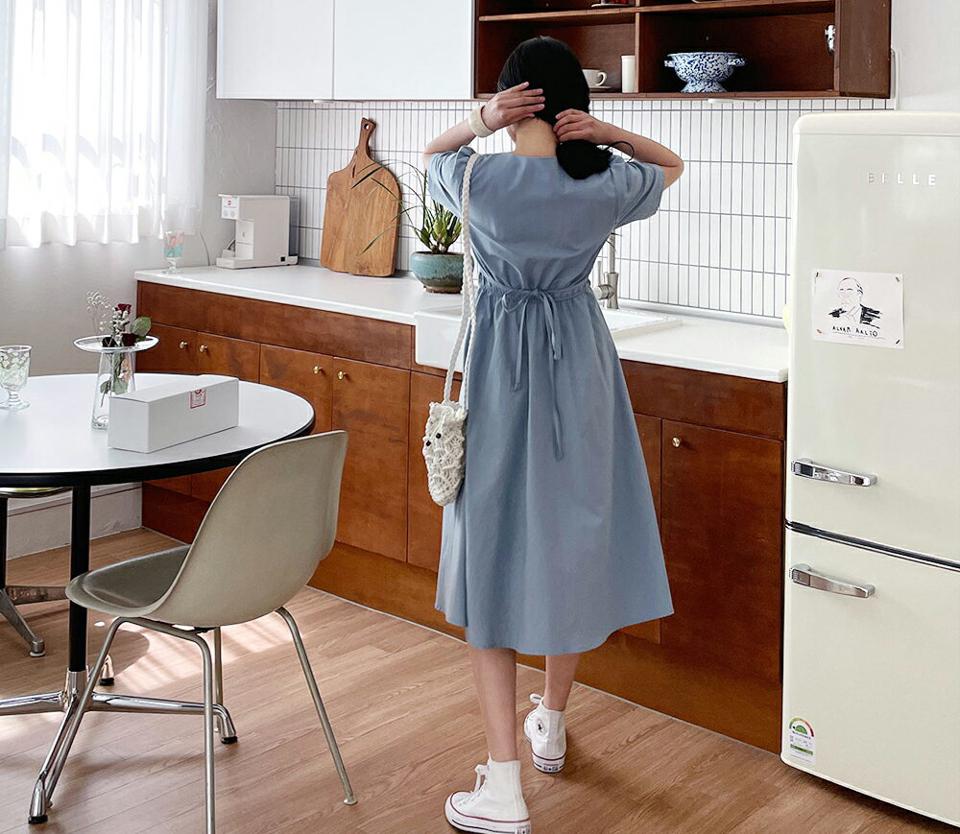 Vネックボタンワンピース・全4色・t64059 レディース 【ops】【韓国 ファッション ワンピース ロング ロングワンピース 半袖 ガーリー Vネック バックゴム リボン ルーズ ギャザー ボリューム フェミニン 細身 体型カバー 春 夏】【NIJU】