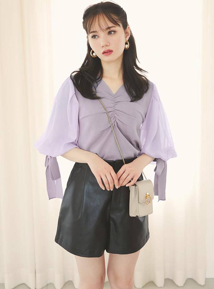 袖リボン付きシフォンスリーブVネックトップス