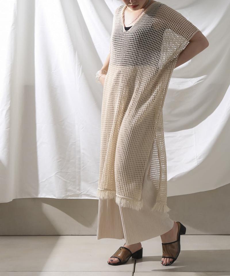 裾フリンジメッシュカフタンワンピース