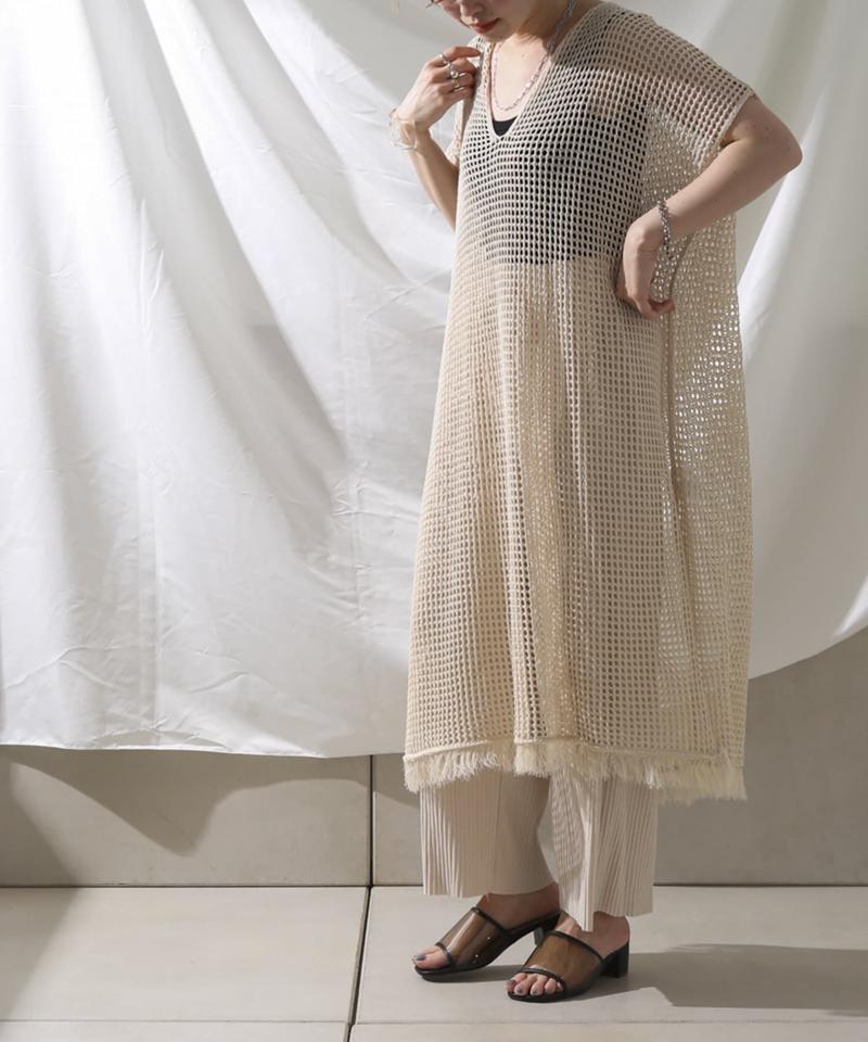 裾フリンジメッシュカフタンワンピース