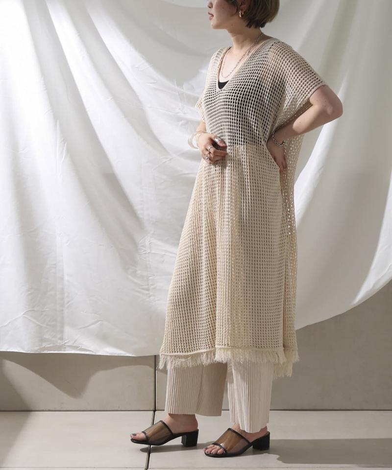 裾フリンジメッシュカフタンワンピース