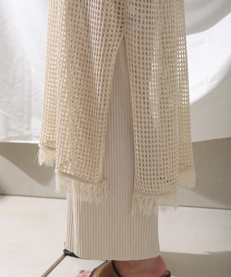 裾フリンジメッシュカフタンワンピース