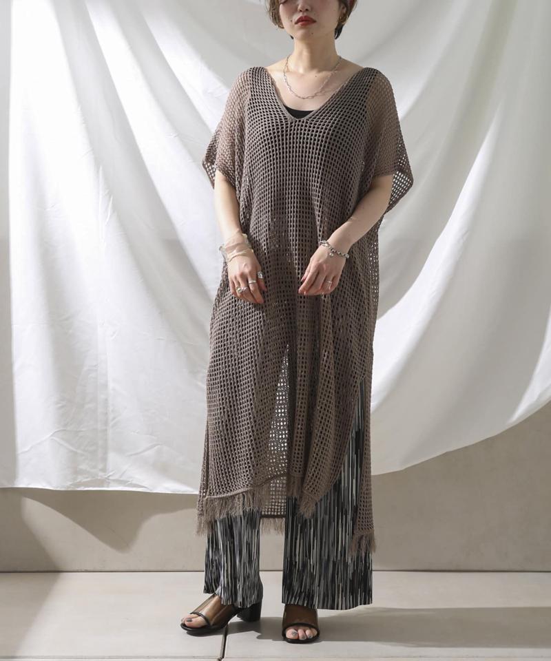 裾フリンジメッシュカフタンワンピース