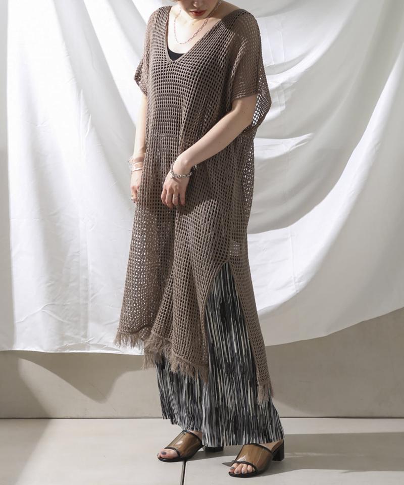 裾フリンジメッシュカフタンワンピース