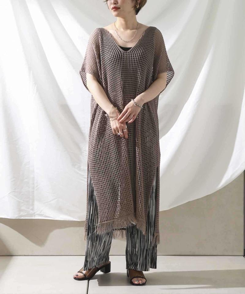 裾フリンジメッシュカフタンワンピース
