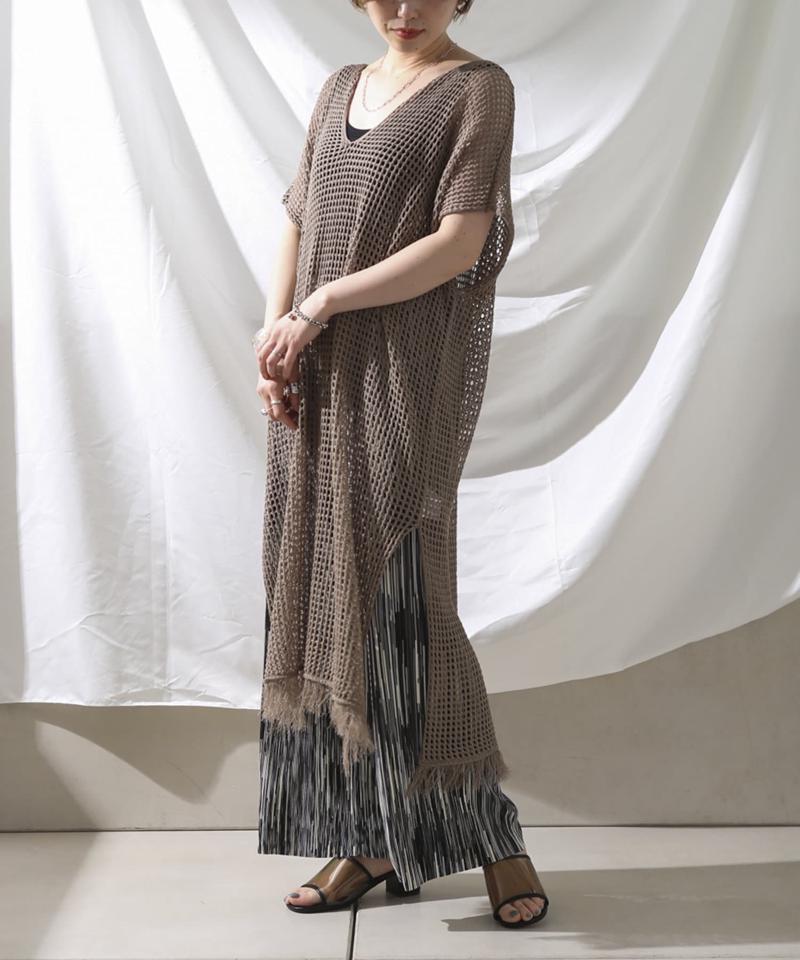 裾フリンジメッシュカフタンワンピース