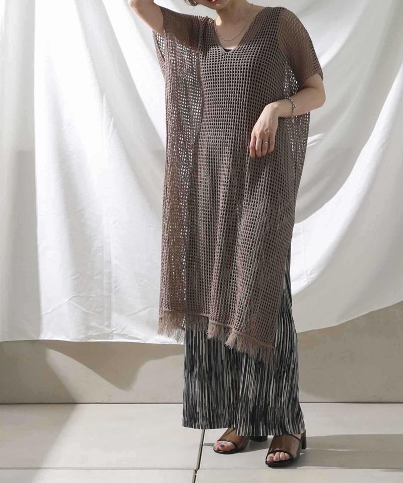 裾フリンジメッシュカフタンワンピース
