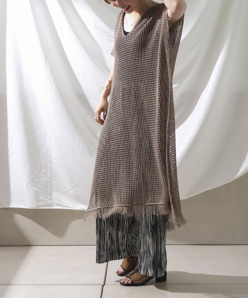 裾フリンジメッシュカフタンワンピース
