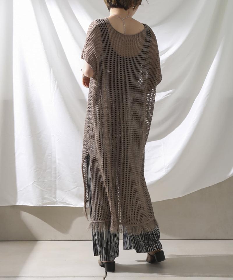 裾フリンジメッシュカフタンワンピース
