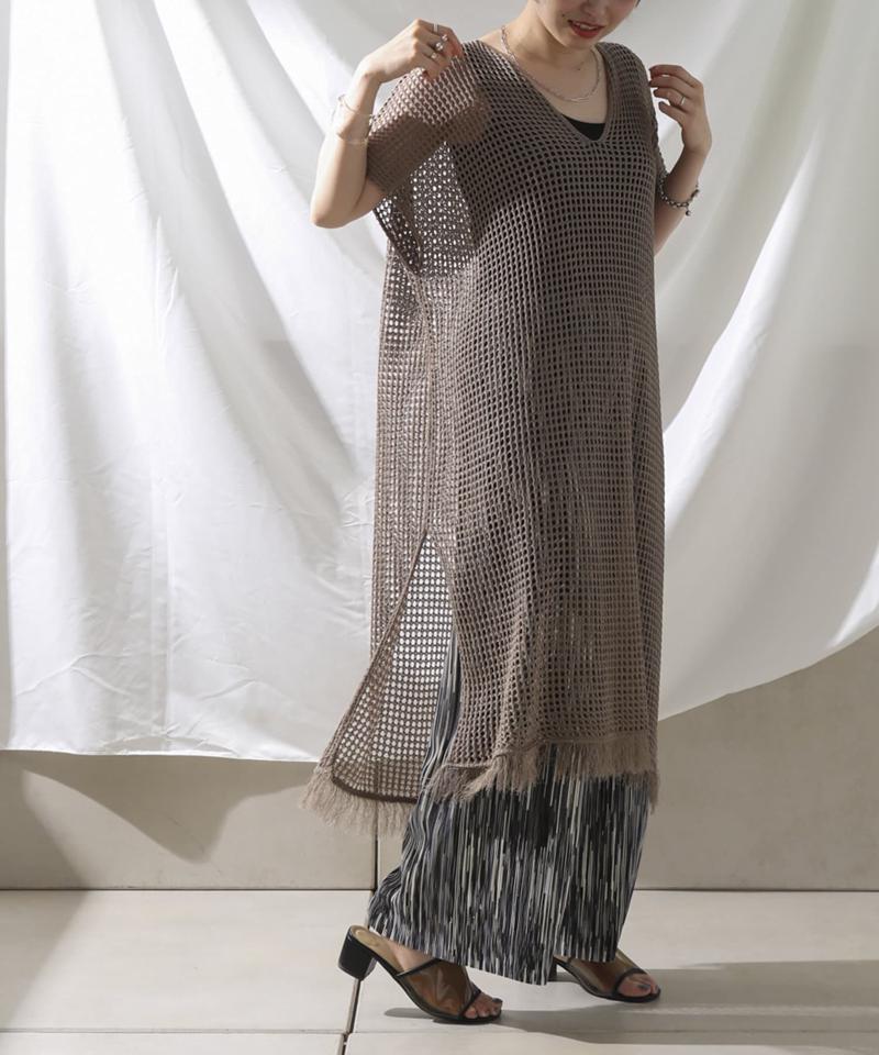 裾フリンジメッシュカフタンワンピース