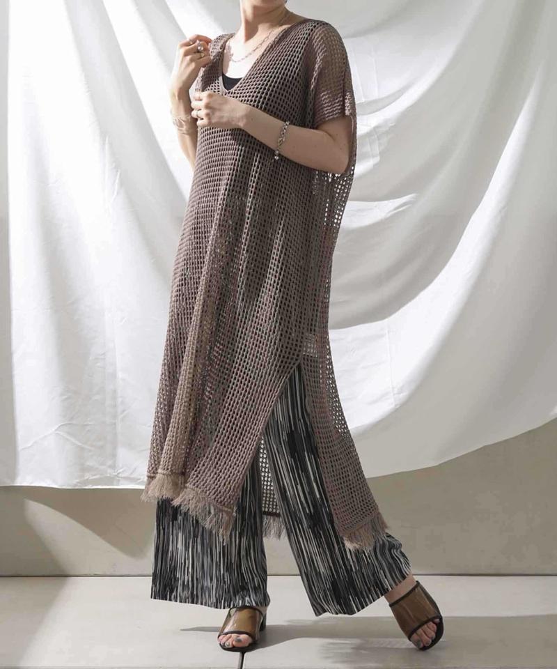 裾フリンジメッシュカフタンワンピース