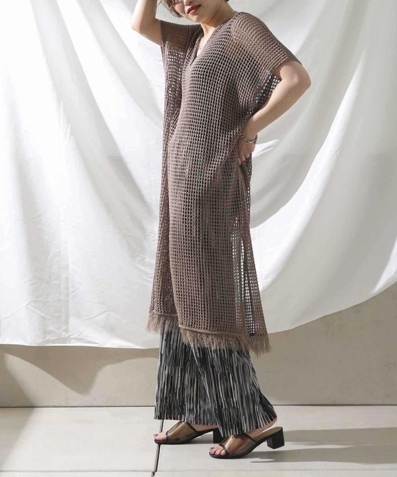 裾フリンジメッシュカフタンワンピース
