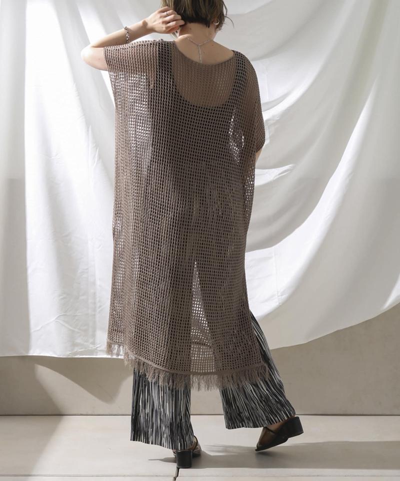 裾フリンジメッシュカフタンワンピース