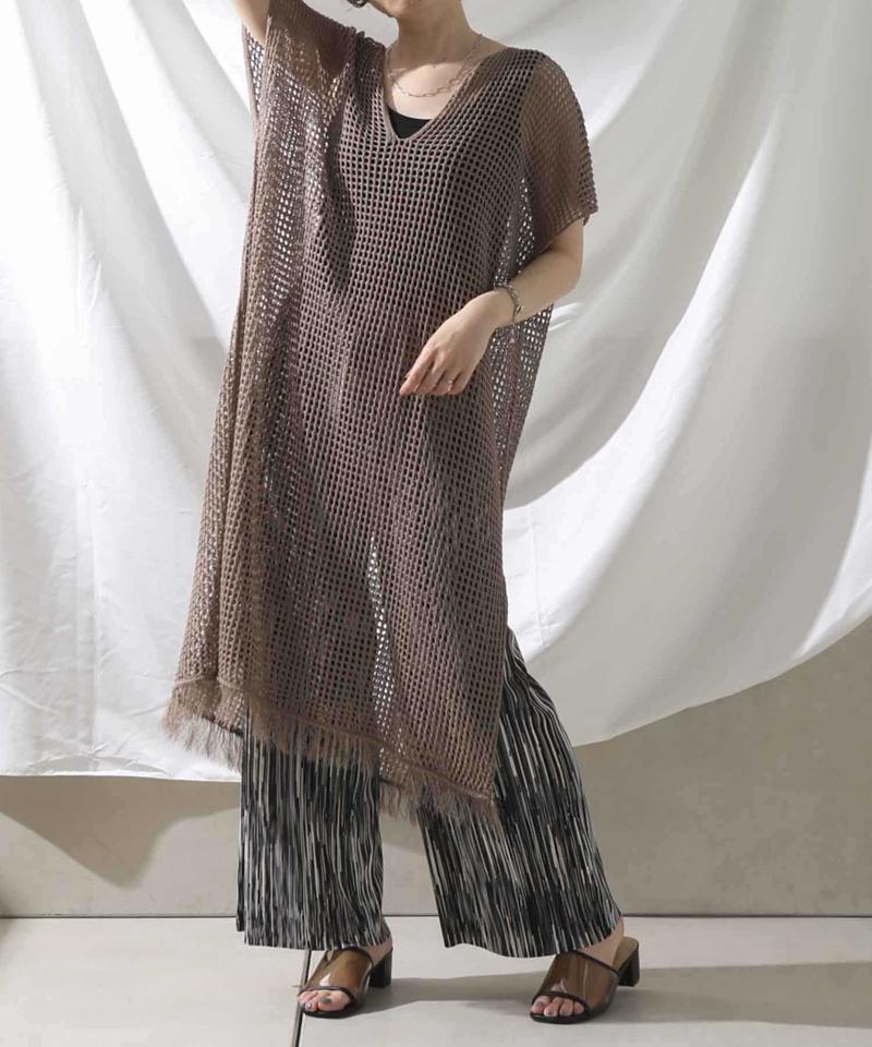 裾フリンジメッシュカフタンワンピース