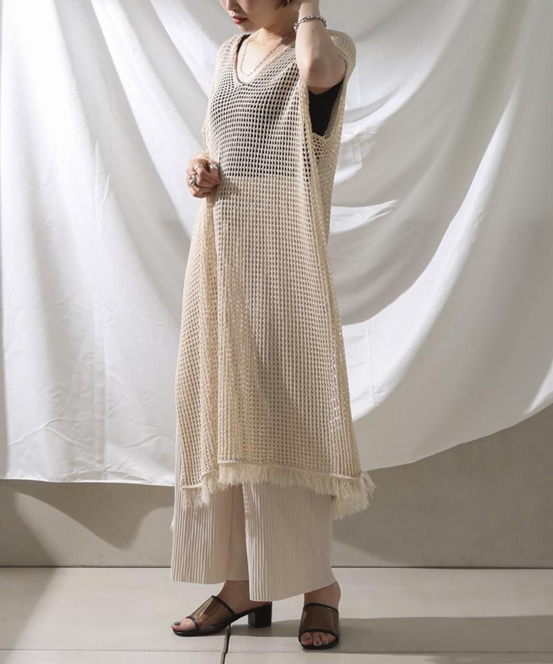 裾フリンジメッシュカフタンワンピース