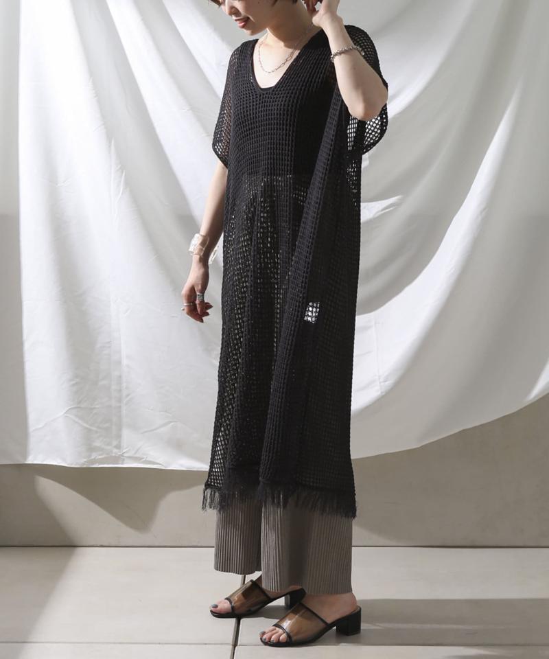 裾フリンジメッシュカフタンワンピース