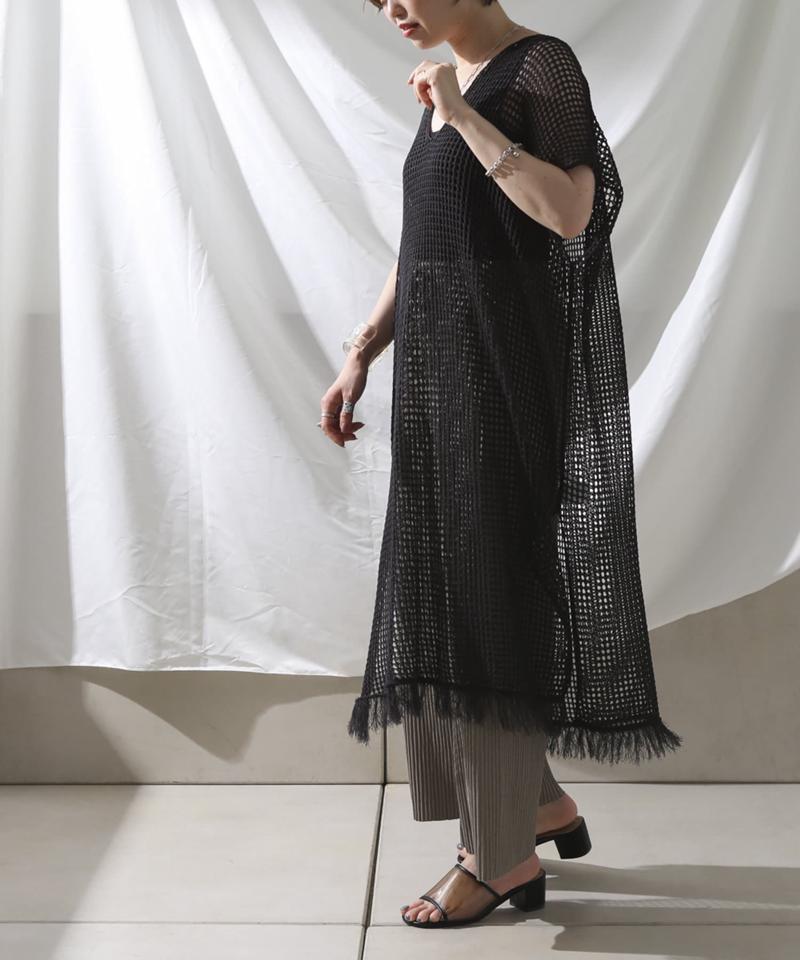 裾フリンジメッシュカフタンワンピース