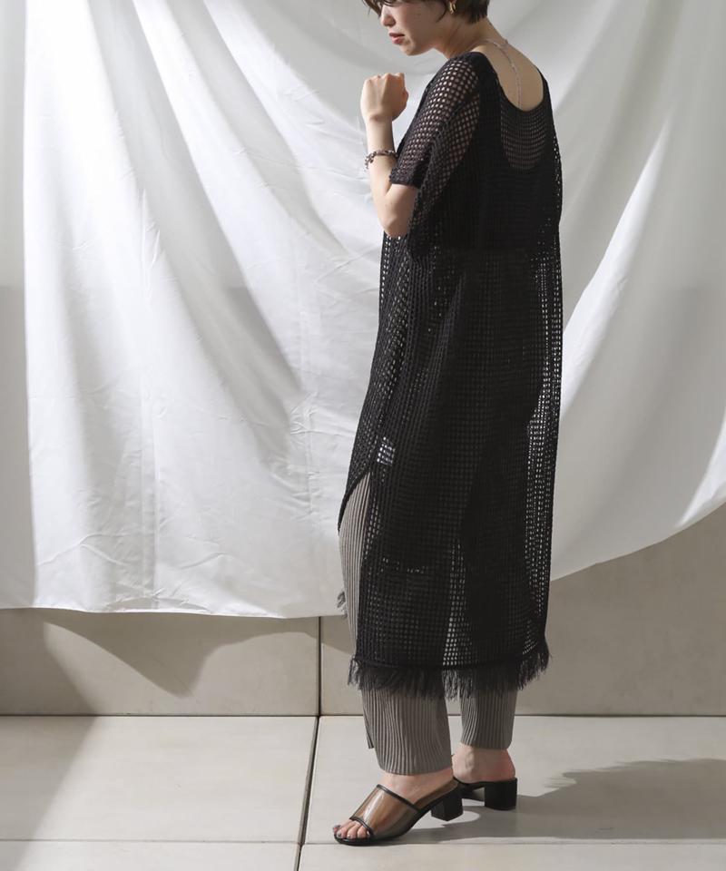 裾フリンジメッシュカフタンワンピース