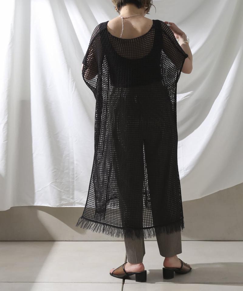 裾フリンジメッシュカフタンワンピース
