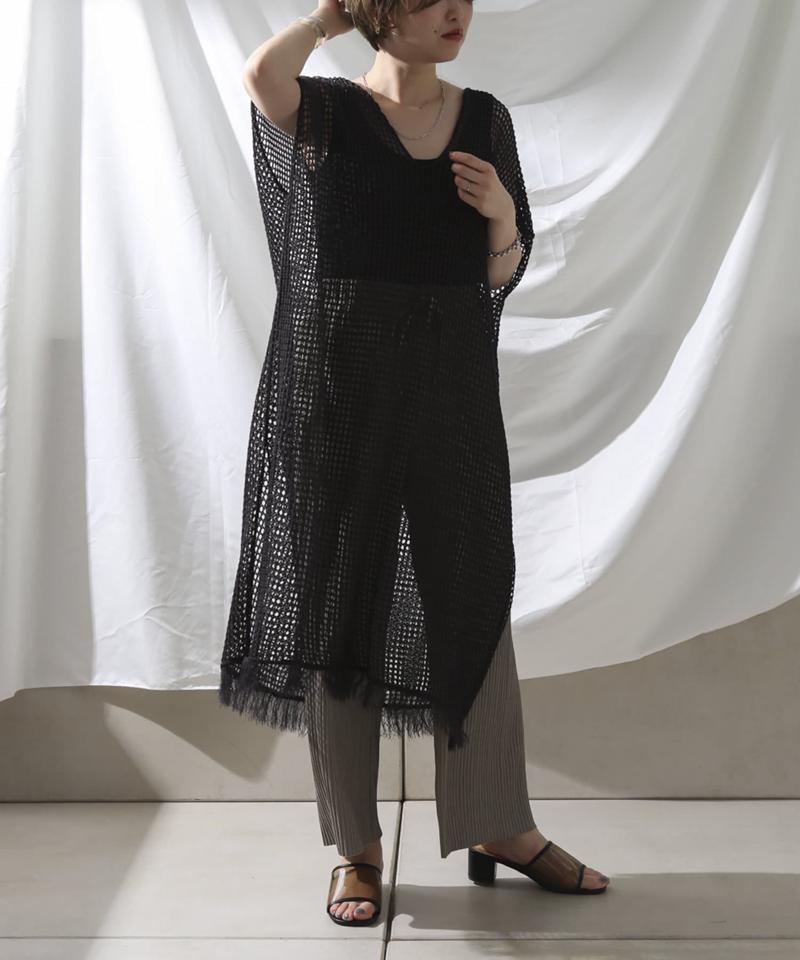 裾フリンジメッシュカフタンワンピース