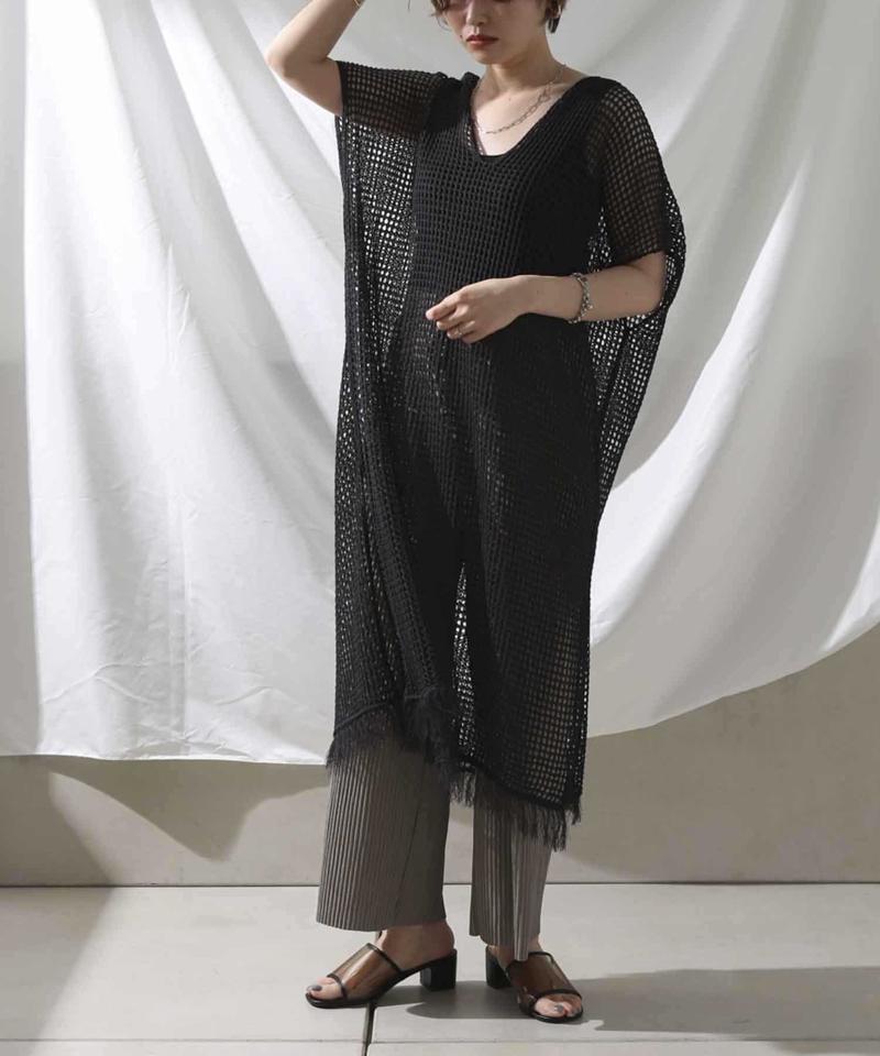 裾フリンジメッシュカフタンワンピース