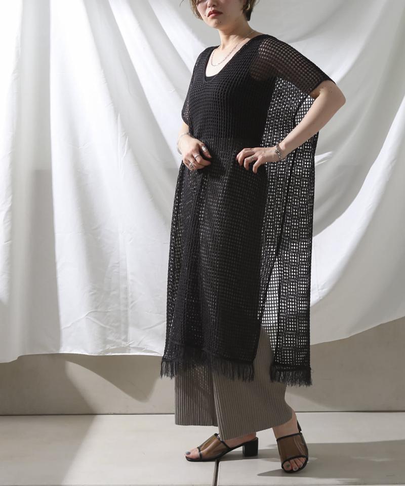 裾フリンジメッシュカフタンワンピース
