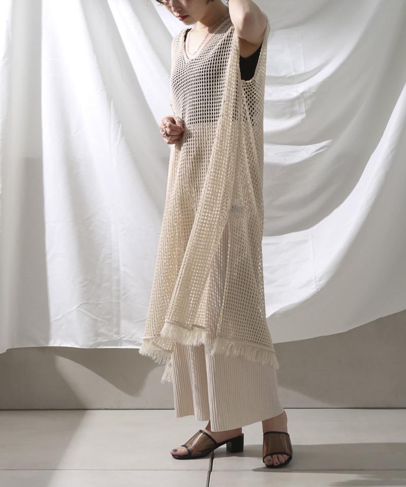 裾フリンジメッシュカフタンワンピース