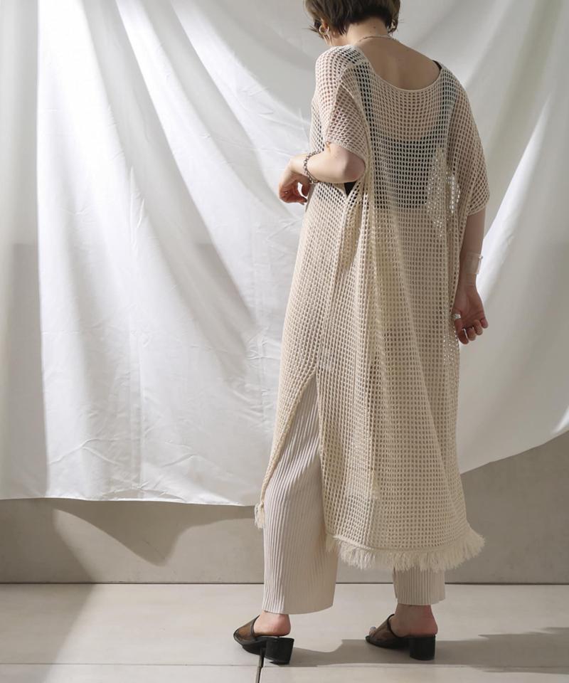 裾フリンジメッシュカフタンワンピース