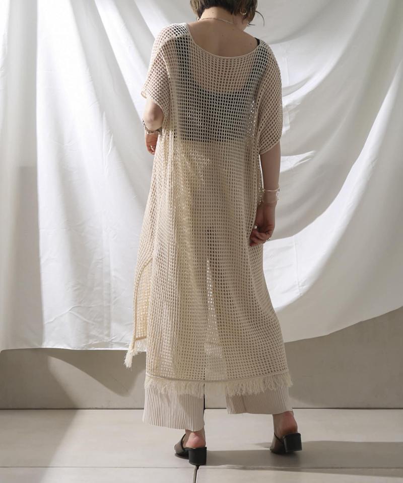 裾フリンジメッシュカフタンワンピース