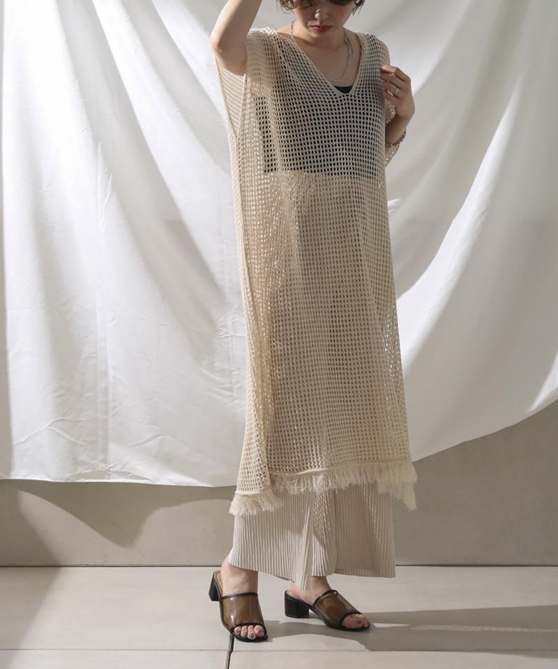 裾フリンジメッシュカフタンワンピース