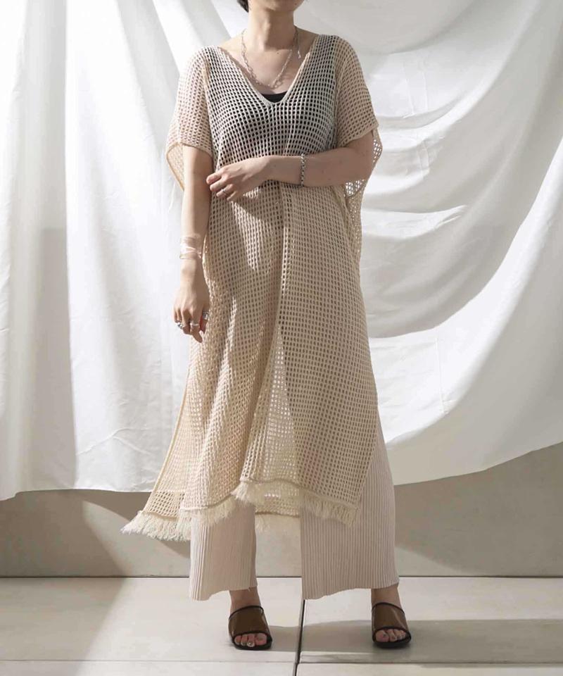 裾フリンジメッシュカフタンワンピース