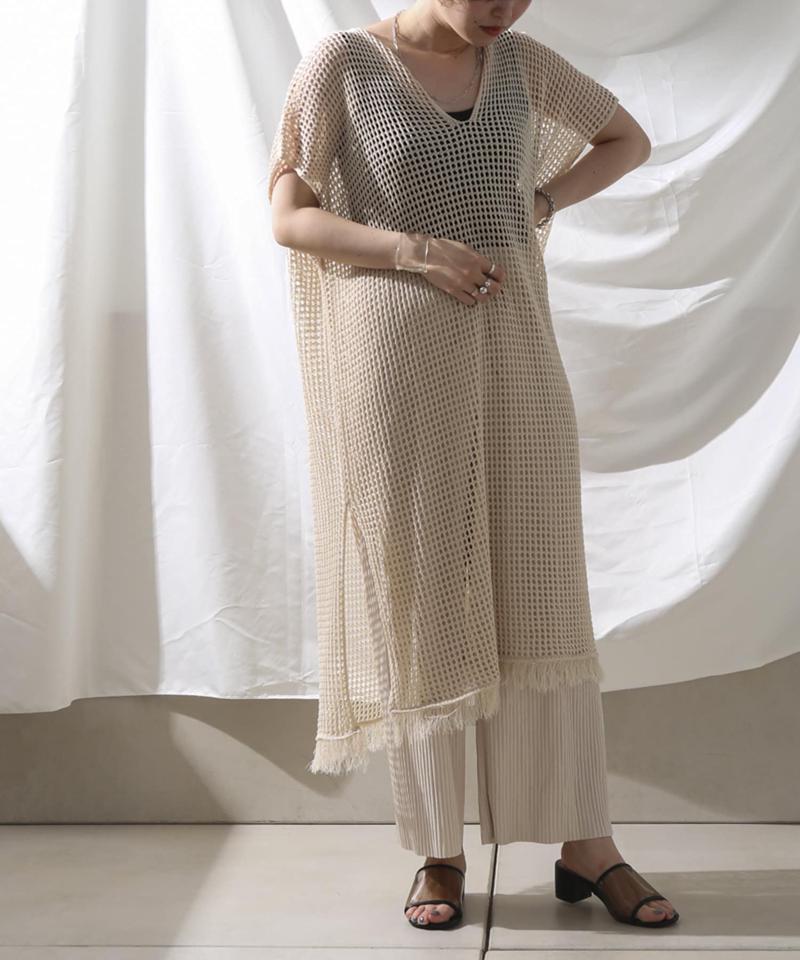 裾フリンジメッシュカフタンワンピース