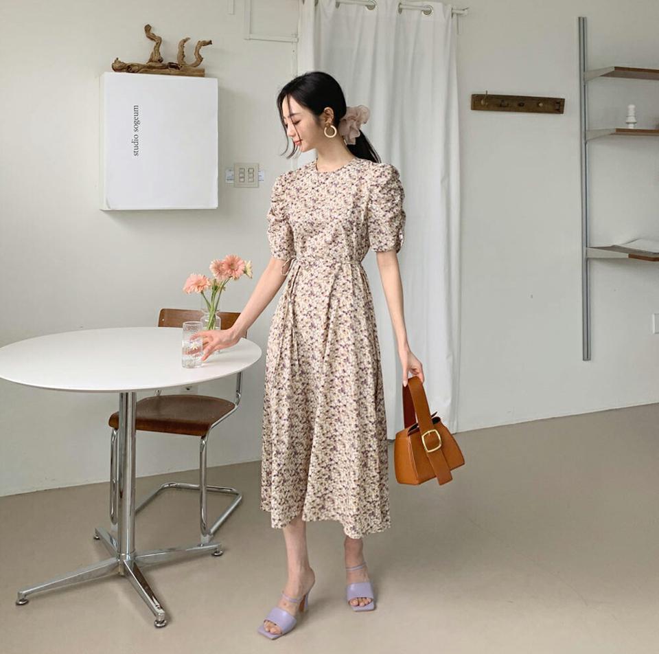 ストラップ付花柄ワンピース・全2色・b62006 レディース 【ops】【韓国 ファッション ワンピース ロング ロングワンピース 半袖 フェミニン フレア フローラル ストラップ ラウンドネック ギャザー ボリューム 5分丈袖 体型カバー 細身 夏 春】