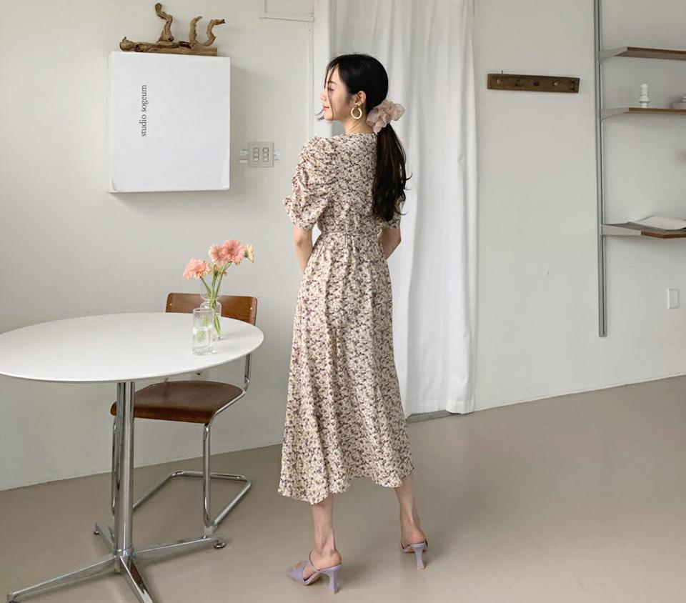 ストラップ付花柄ワンピース・全2色・b62006 レディース 【ops】【韓国 ファッション ワンピース ロング ロングワンピース 半袖 フェミニン フレア フローラル ストラップ ラウンドネック ギャザー ボリューム 5分丈袖 体型カバー 細身 夏 春】