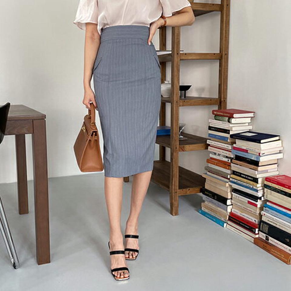 ストライプフラップHラインスカート・全4色・b68225 レディース 【sk】【スカート ミディ丈 ミディスカート Hライン ストライプ柄 オフィスカジュアル 通勤 大人 きれいめ 春 夏 秋 韓国 ファッション】【ハイホリHIHOLLI】