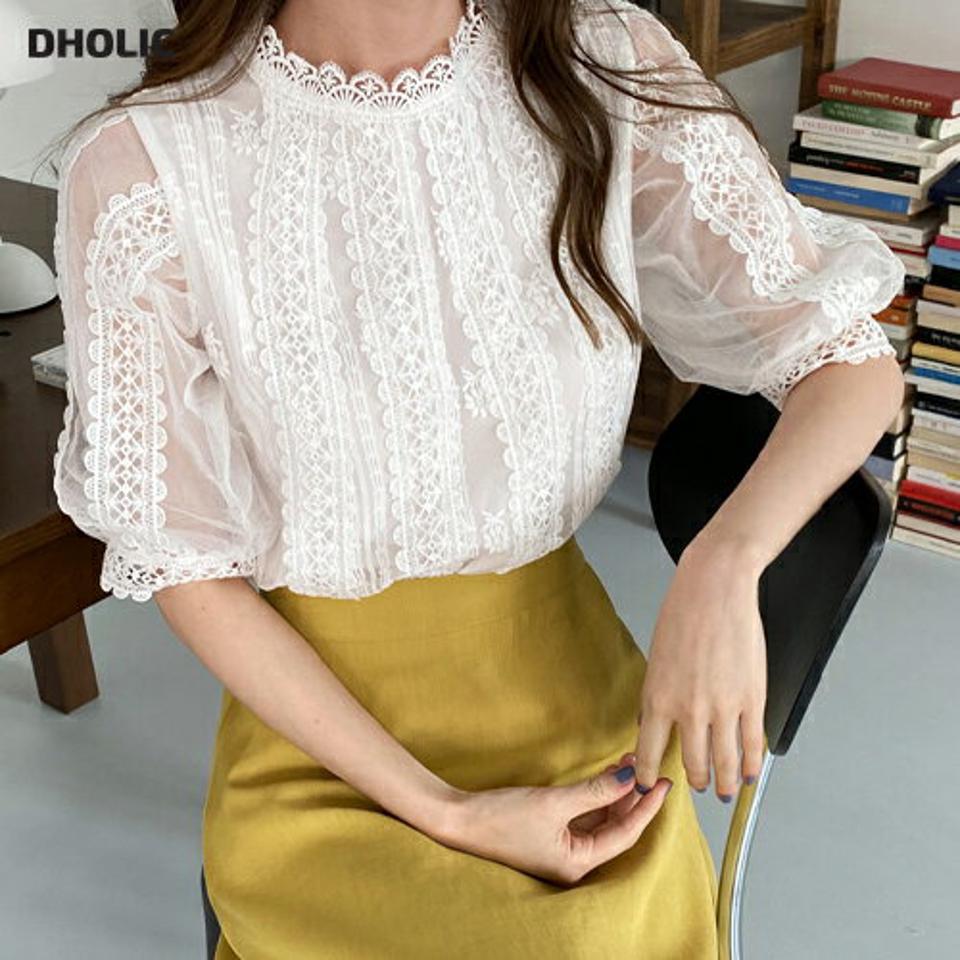 【新作10%OFF】レースハーフネックブラウス・全3色・b68376 レディース 【bl】【トップス ブラウス 半袖 ハーフスリーブ レース 総レース ハーフネック フェミニン 上品 可愛い かわいい 透け感 シアー シースルー 春 夏 韓国 ファッション】【ハイホリHIHOLLI】