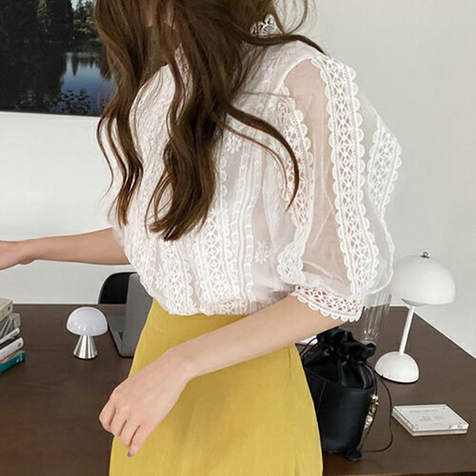 【新作10%OFF】レースハーフネックブラウス・全3色・b68376 レディース 【bl】【トップス ブラウス 半袖 ハーフスリーブ レース 総レース ハーフネック フェミニン 上品 可愛い かわいい 透け感 シアー シースルー 春 夏 韓国 ファッション】【ハイホリHIHOLLI】