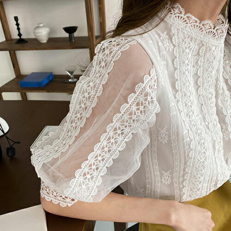 【新作10%OFF】レースハーフネックブラウス・全3色・b68376 レディース 【bl】【トップス ブラウス 半袖 ハーフスリーブ レース 総レース ハーフネック フェミニン 上品 可愛い かわいい 透け感 シアー シースルー 春 夏 韓国 ファッション】【ハイホリHIHOLLI】