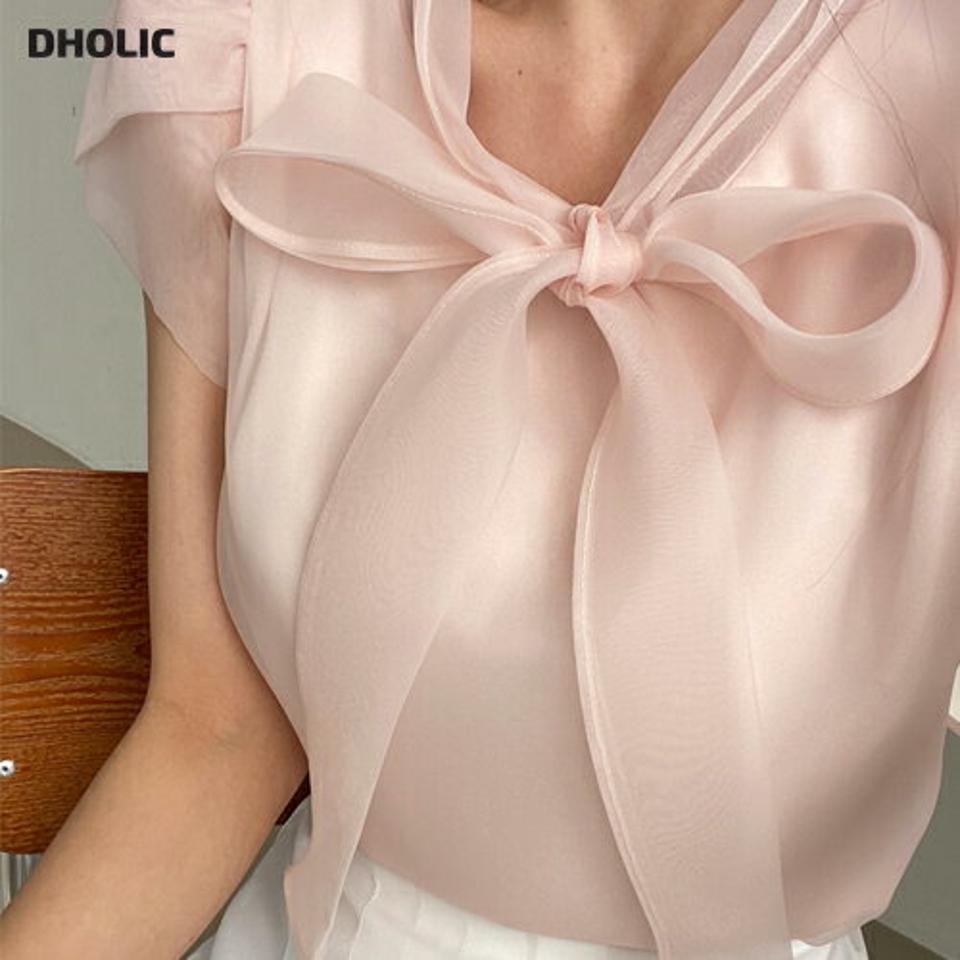 リボンオーガンジーブラウス・全3色・t61990 レディース 【bl】【韓国 ファッション トップス ブラウス 半袖 オーガンジー ネックリボン リボン ピンタック キャップスリーブ スリーブレス ノースリーブ 体型カバー スリム ボリューム ガーリー 夏 春】